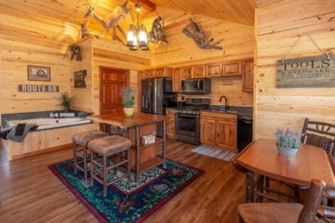 Inside view of our cabin with a hot tub inside